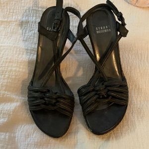 Stuart Weitzman wedge show. Black leather with jute heel